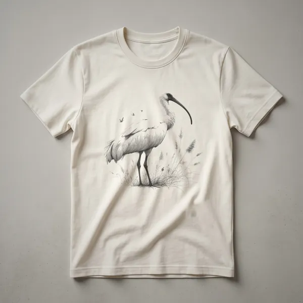 A black and white sketch of an ibis bird in profile, printed on a white t-shirt.