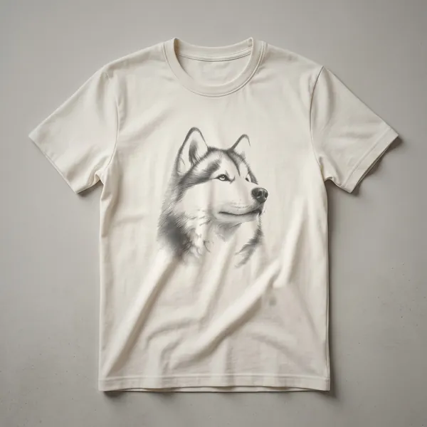 Black graphic t-shirt featuring a vintage sketch of a husky dog's head in profile.