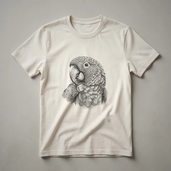 A vintage drawing of a hyacinth macaw bird is printed on the front of a black t-shirt.