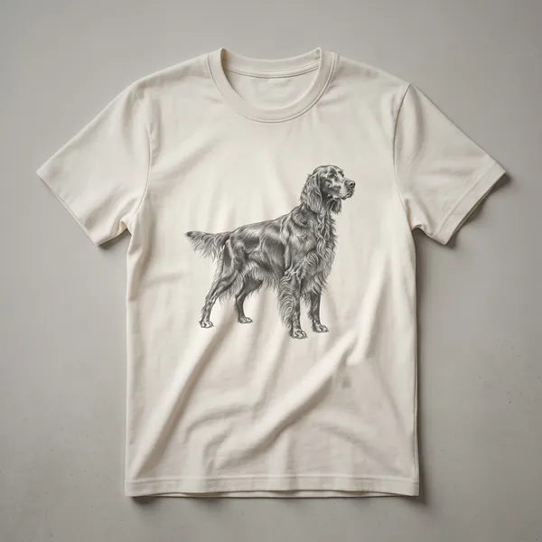 A vintage black and white drawing of an Irish Setter dog in profile is featured on this t-shirt.