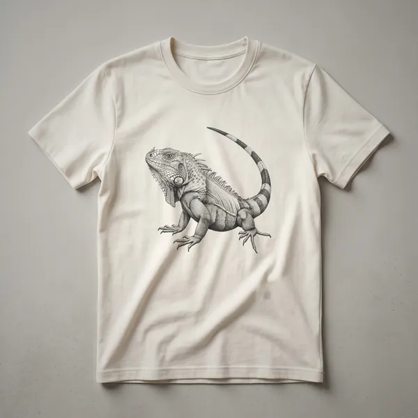 Black and white vintage sketch of an iguana in profile, presented on a white t-shirt, showcasing its detailed scales and crest.