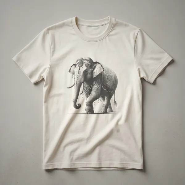 A vintage line drawing of an Indian elephant with tusks and large ears is printed on a white t-shirt.