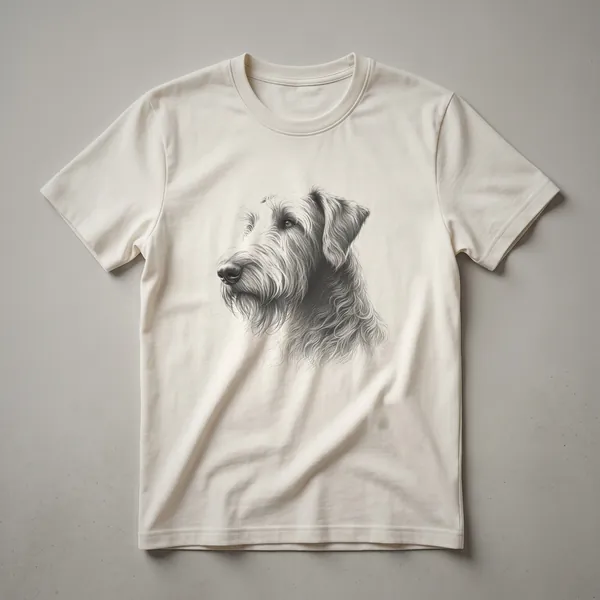 A vintage line drawing of an Irish Wolfhound dog, depicted in profile on a plain background, featured on a t-shirt.