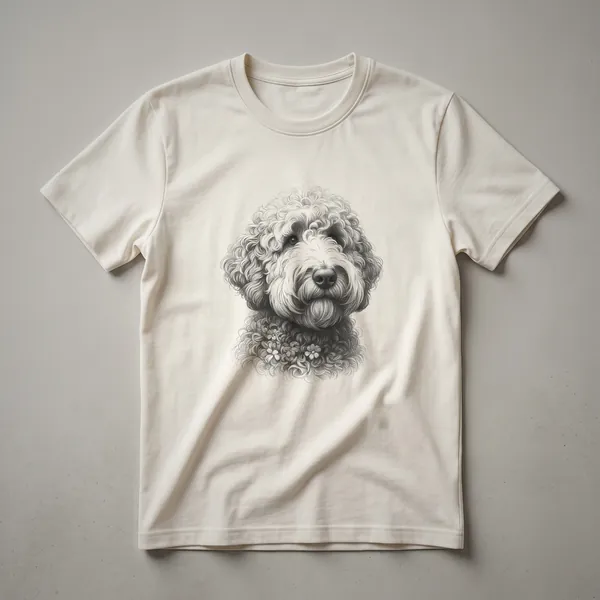 A white t-shirt featuring a black line drawing of an Irish Doodle dog in a vintage art style.