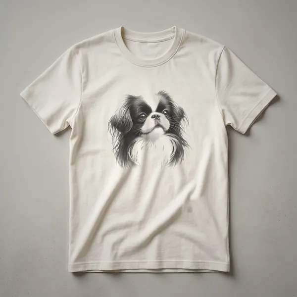 Black and white vintage line drawing of a Japanese Chin dog on a white t-shirt, showcasing its distinctive facial features and elegant pose.