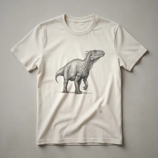 A vintage black and white line drawing of an Iguanodon dinosaur, depicted in profile, printed on a white t-shirt.
