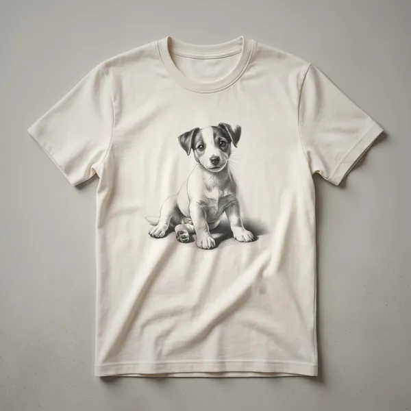 White t-shirt with a black and white drawing of a Jack Russell Terrier peeking up from the bottom edge of the shirt.