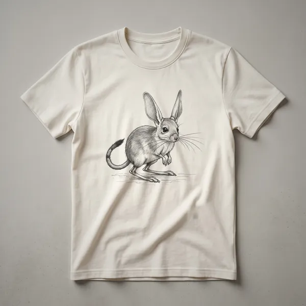 Black graphic t-shirt featuring a vintage black ink drawing of a jerboa in profile, showcasing its long hind legs and tail.