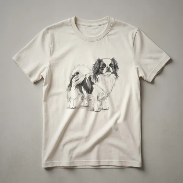 White t-shirt with a black, hand-drawn illustration of a Japanese Chin dog in a vintage art style.
