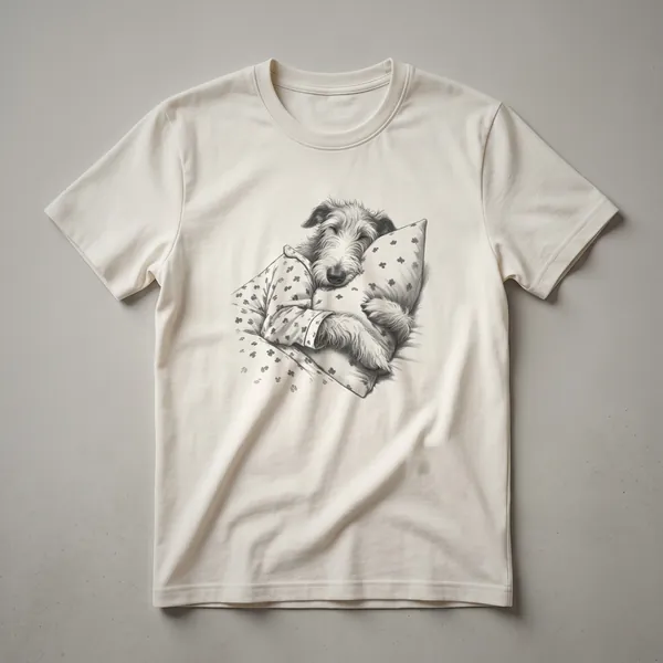 A black graphic t-shirt featuring a line drawing of a sleeping Irish Wolfhound wearing pajamas.