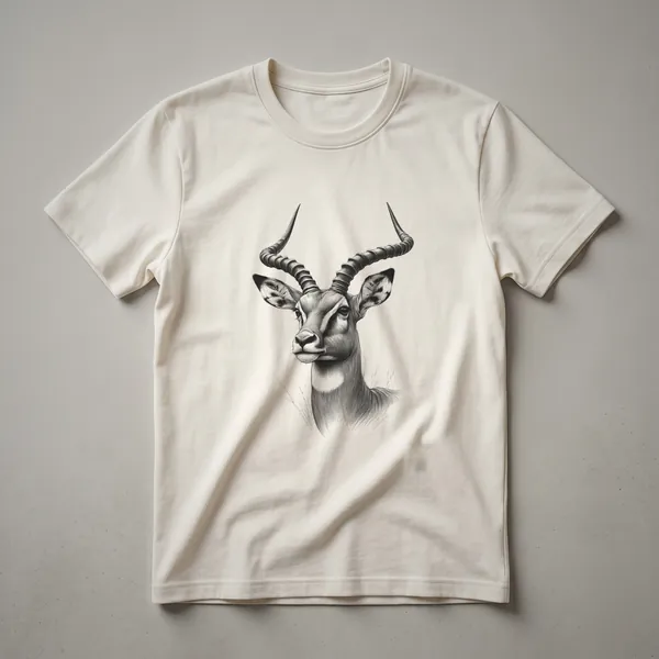 A black and white vintage line drawing of an impala antelope on a white t-shirt.