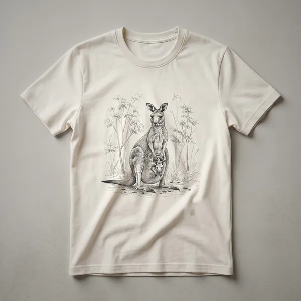 A vintage-style black and white line drawing of a kangaroo carrying a joey in its pouch, printed on a white t-shirt.