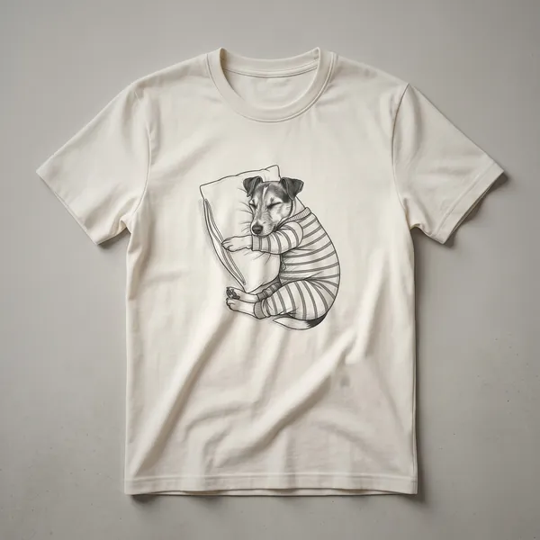 White t-shirt with a drawing of three Jack Russell Terriers wearing pajamas and sleeping peacefully, depicted in a charming art style.