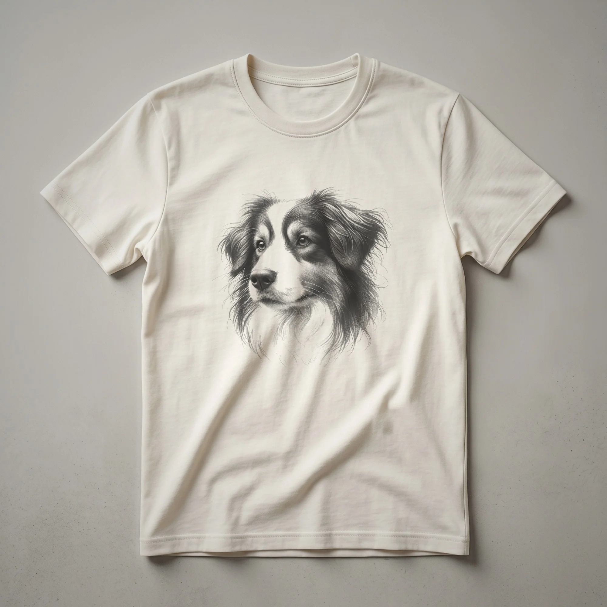 A black graphic t-shirt featuring a vintage line drawing of a Kooikerhondje dog.