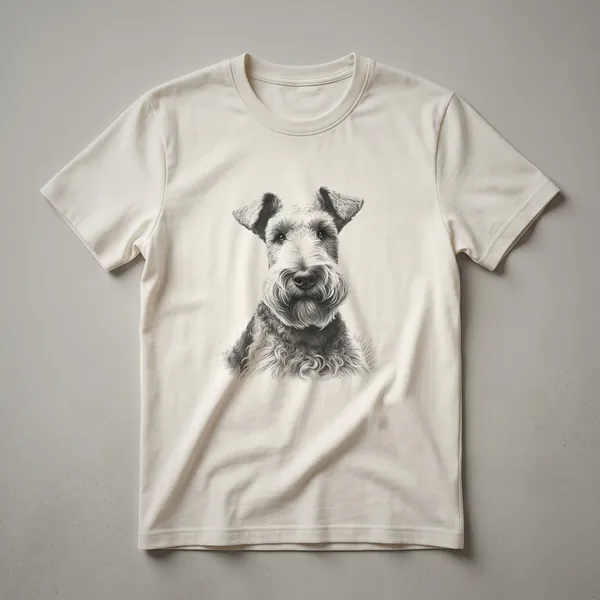 Black and white line drawing of an Irish Terrier dog with wiry fur texture, depicted on a white t-shirt.