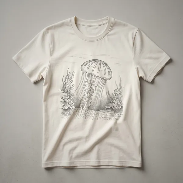Black and white vintage sketch of a jellyfish with long, flowing tentacles on a white t-shirt.