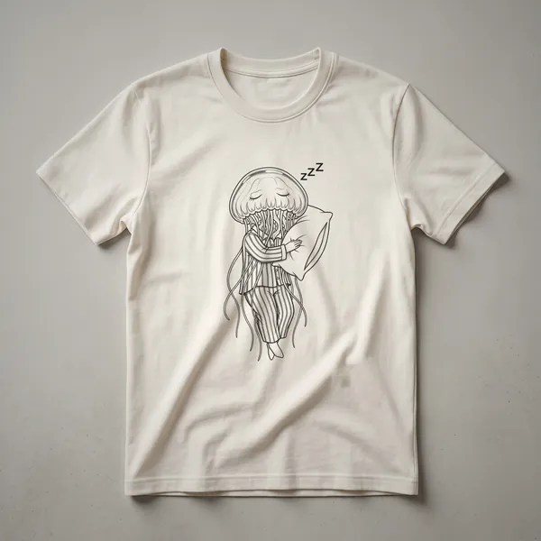White graphic t-shirt featuring a cartoon drawing of a jellyfish wearing blue striped pajamas and sleeping, with closed eyes and a peaceful expression.