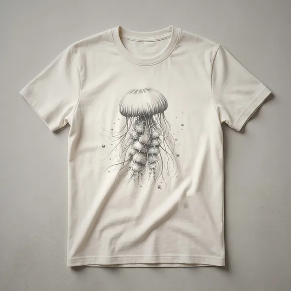 A vintage-style black line drawing of a jellyfish with flowing tentacles is printed on a white t-shirt.