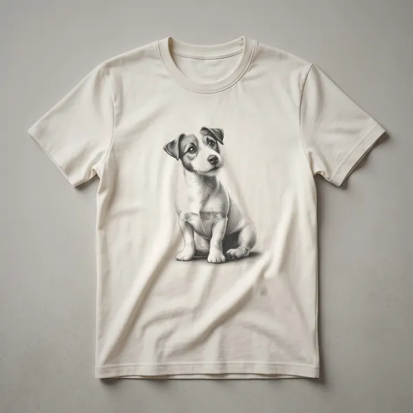 A black and white pencil sketch of a young Jack Russell Terrier dog sitting down, looking to the left, on a white background.