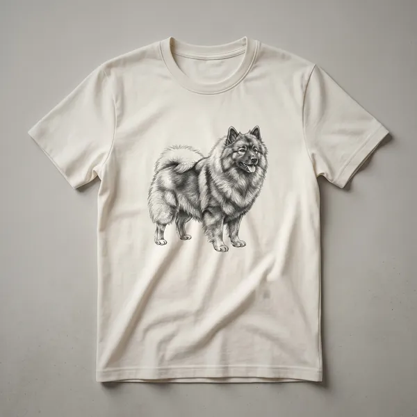 A white t-shirt featuring a black line drawing of a Keeshond dog with its characteristic fluffy mane and smiling face, presented in a vintage art style.
