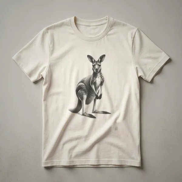 Black t-shirt featuring a white vintage kangaroo line drawing art design in profile.