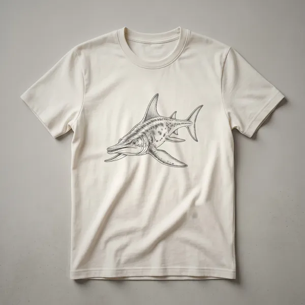 A vintage Ichthyosaurus drawing on a black t-shirt, showcasing the marine reptile's ancient form.