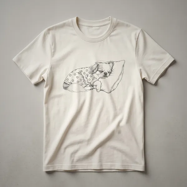 Black and white line drawing of a sleeping Japanese Chin dog on a white t-shirt.