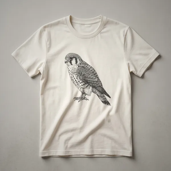 A black and white vintage drawing of a kestrel in flight, printed on a white t-shirt.