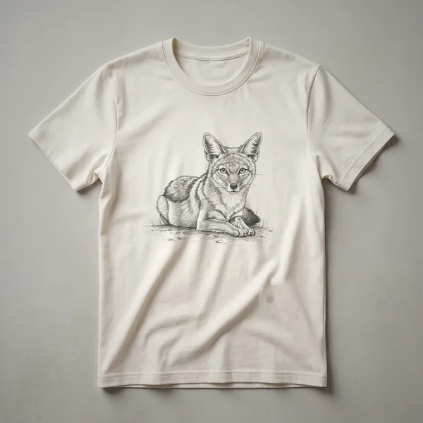 Black graphic t-shirt featuring a vintage black ink drawing of a jackal in profile, showcasing its distinctive features and artistic rendering.