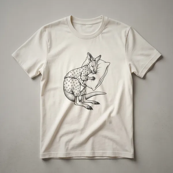 White graphic t-shirt featuring a drawing of a kangaroo wearing blue pajamas and sleeping soundly, with a soft, artistic style.