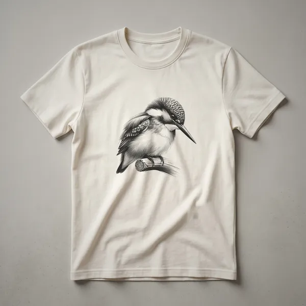 A vintage-style black and white line drawing of a kingfisher bird is printed on a white t-shirt.
