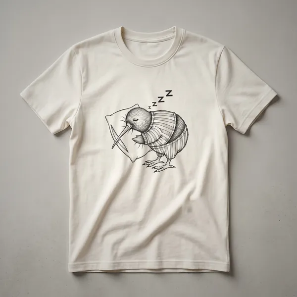 White graphic t-shirt with a black line drawing of a kiwi bird wearing pajamas and sleeping, with text above and below.