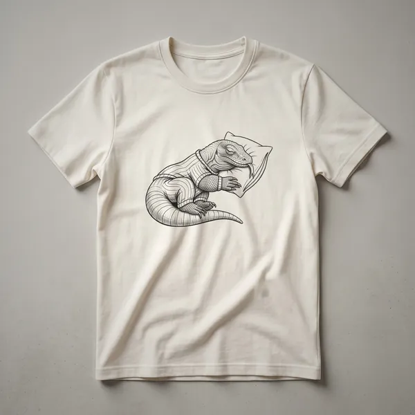 White graphic t-shirt featuring a stylized drawing of a sleeping Komodo dragon wearing blue and white striped pajamas, with closed eyes and a peaceful expression.