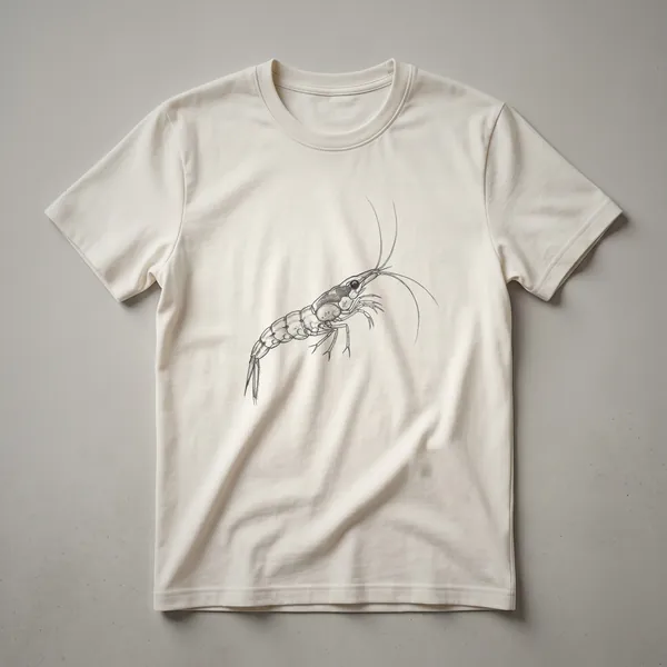 A vintage black and white line drawing of krill, presented on a white t-shirt, with scientific illustration details.