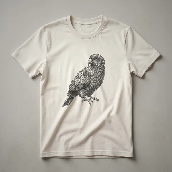A vintage drawing of a Kakapo parrot, a flightless bird native to New Zealand, displayed on a plain background of a t-shirt.