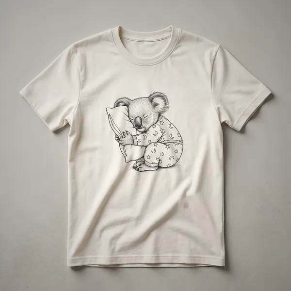 White graphic t-shirt with a drawing of a sleeping koala wearing blue pajamas and a nightcap.