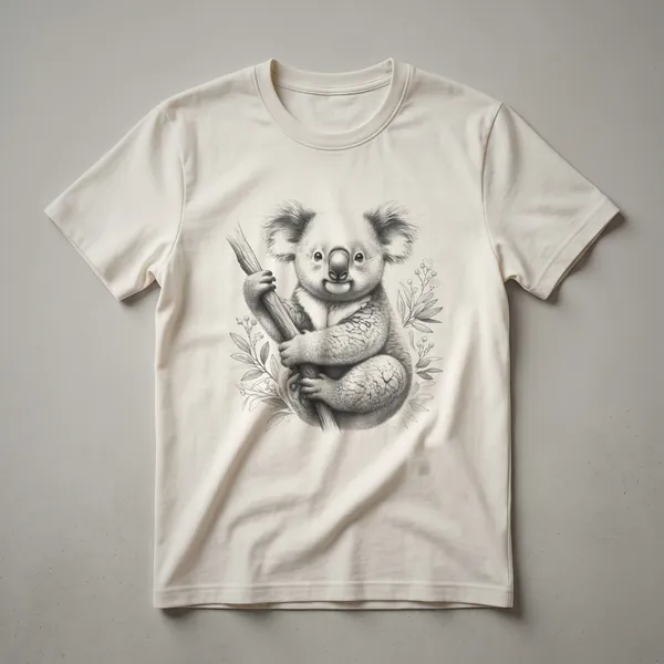 A black and white vintage sketch of a koala clinging to a tree branch, printed on a dark heather grey t-shirt.