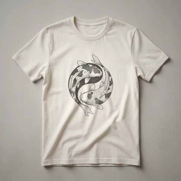 Black and white graphic t-shirt featuring a yin and yang symbol formed by two Japanese koi fish drawings, with intricate details on the scales and fins.