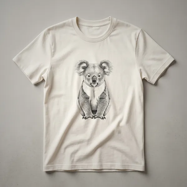A vintage line drawing of a koala clinging to a eucalyptus branch, printed on a white t-shirt.