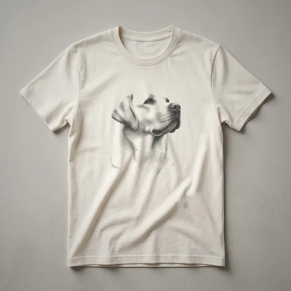White t-shirt featuring a vintage black and white drawing of a Labrador Retriever in profile, with subtle shading.