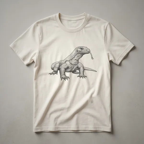 A black graphic t-shirt featuring a vintage-style drawing of a Komodo dragon in profile, rendered in shades of grey and white.
