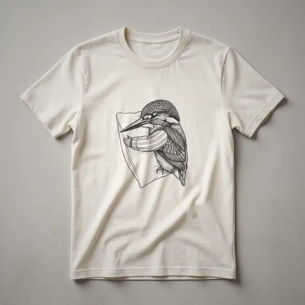 White graphic t-shirt featuring a drawing of a kingfisher bird wearing blue and white striped pajamas and sleeping soundly.