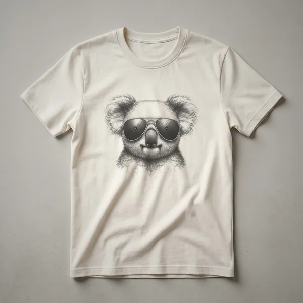 A vintage drawing of a koala wearing sunglasses, printed on a white t-shirt with subtle texture details.