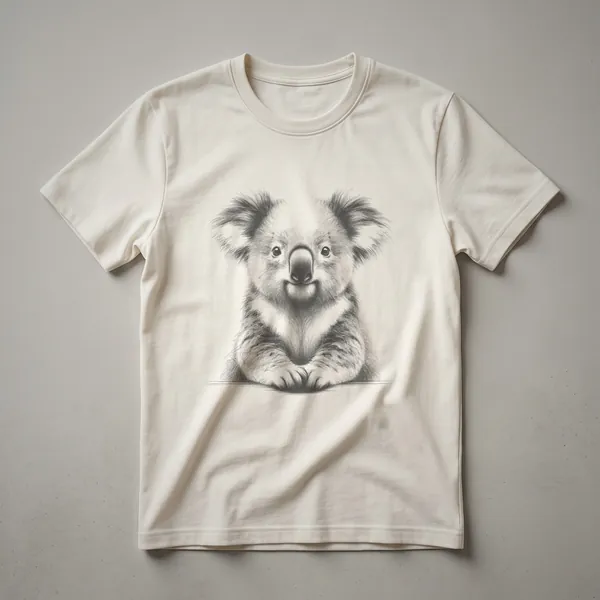 A vintage hand-drawn illustration of a koala, depicted in a classic art style, printed on a white t-shirt.