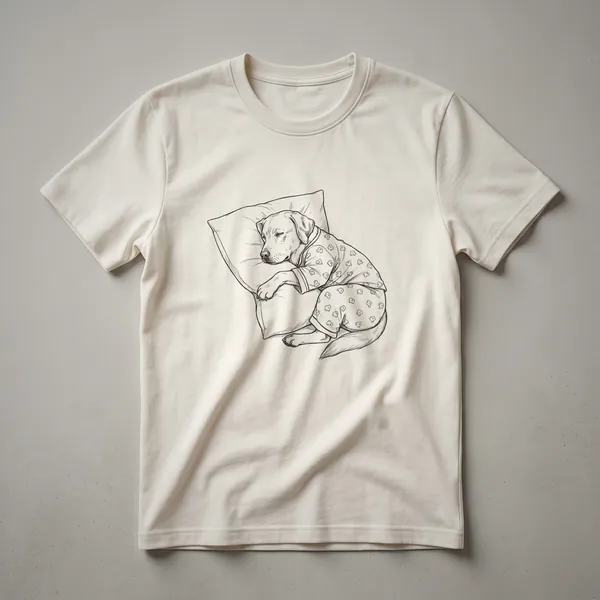 White t-shirt with a black line drawing of a sleeping Labrador Retriever wearing pajamas.