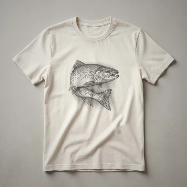 A vintage-style line drawing of a lake trout fish on a black t-shirt, showcasing the fish's distinctive markings and fins.