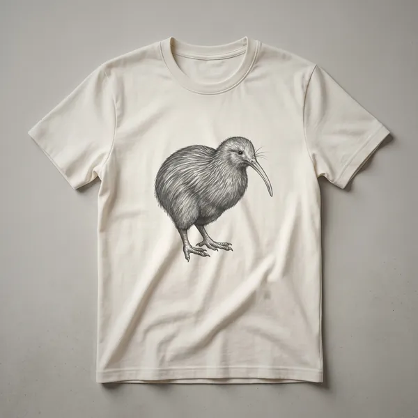A vintage line drawing of a kiwi bird, depicted in profile, printed on a white t-shirt.
