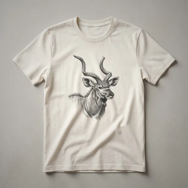 A black and white vintage line drawing of a kudu antelope with spiraling horns, printed on a t-shirt.