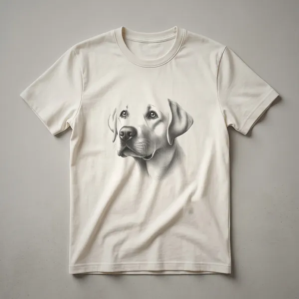 A vintage hand-drawn art t-shirt featuring a Labrador Retriever in a classic illustration style, presented on a white background.