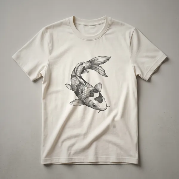 Black ink vintage drawing of a single koi fish with flowing fins, presented on a white graphic t-shirt.